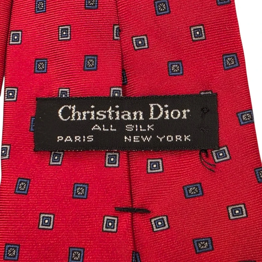 Vintage Christian Dior Tie Red Silk Geometric Square Pattern Mens Luxury Necktie